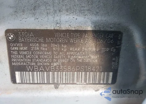 2006 BMW 330I из США, поврежденный, VIN WBAVB33586PS18421